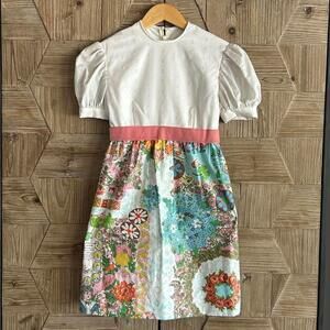 Handmade Girls' Dress White Eyelet Top with Pink Waistband and Floral Skirt